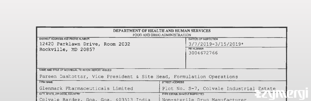 FDANews 483 Glenmark Pharmaceuticals Limited Mar 15 2019 top