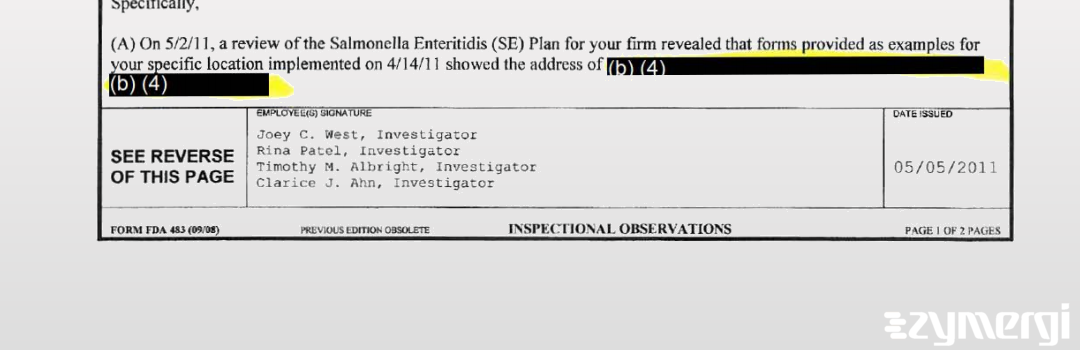 Timothy M. Albright FDA Investigator Joey C. West FDA Investigator Clarice J. Ahn FDA Investigator Rina Bhikha FDA Investigator 