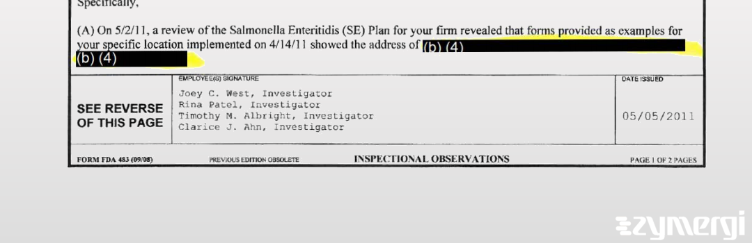 Timothy M. Albright FDA Investigator Joey C. West FDA Investigator Clarice J. Ahn FDA Investigator Rina Bhikha FDA Investigator