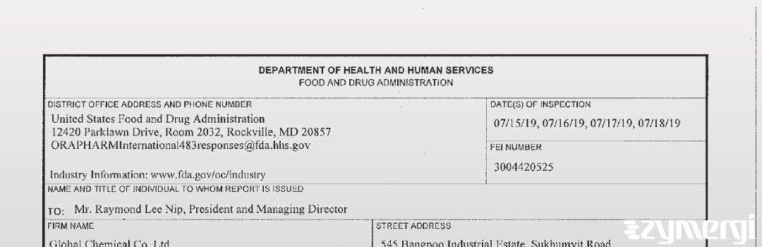 FDANews 483 Global Chemical Co. Ltd. Jul 18 2019 top