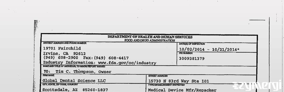 FDANews 483 Global Dental Science LLC Oct 21 2014 top