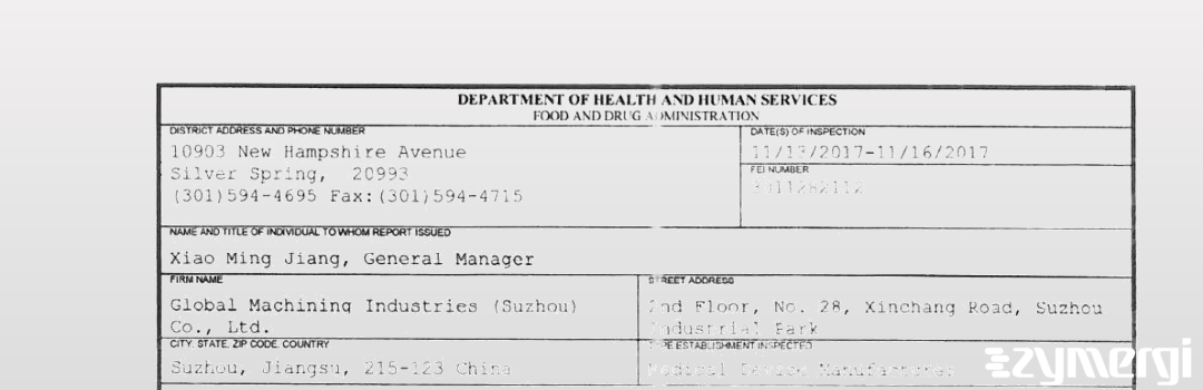 FDANews 483 Global Machining Industries (Suzhou) Co., Ltd. Nov 16 2017 top