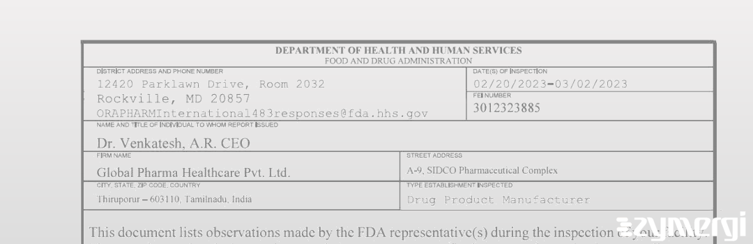 FDANews 483 Global Pharma Healthcare Private Limited Mar 2 2023 top