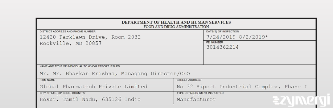 FDANews 483 Global Pharmatech Private Limited Aug 2 2019 top