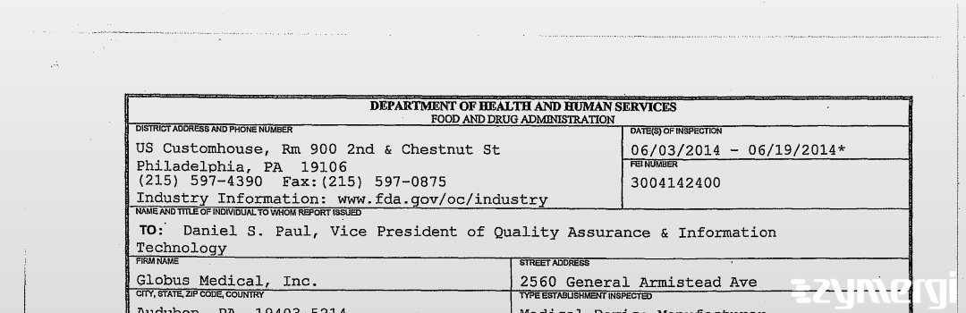 FDANews 483 Globus Medical, Inc. Jun 19 2014 top