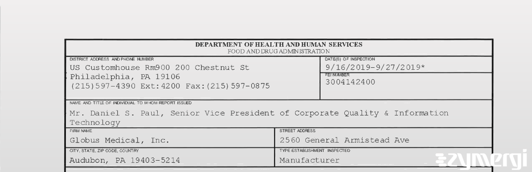 FDANews 483 Globus Medical, Inc. Sep 27 2019 top