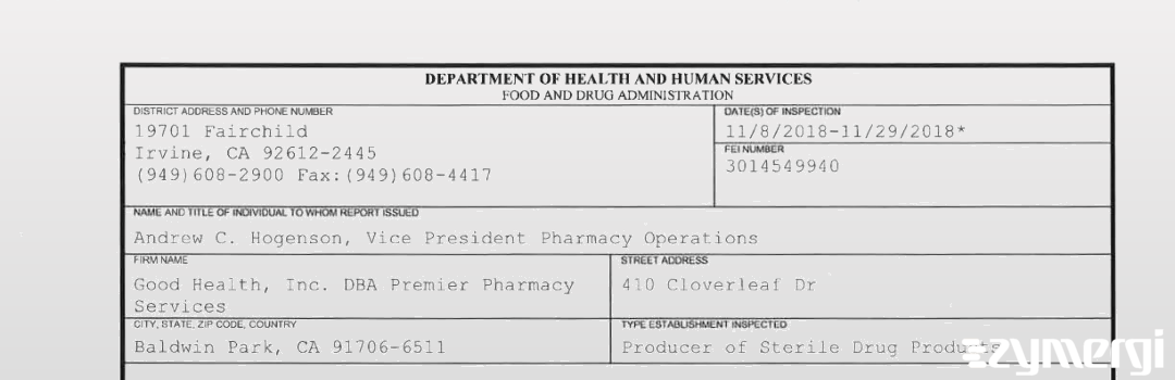 FDANews 483 Good Health, Inc. DBA Premier Pharmacy Services Nov 29 2018 top