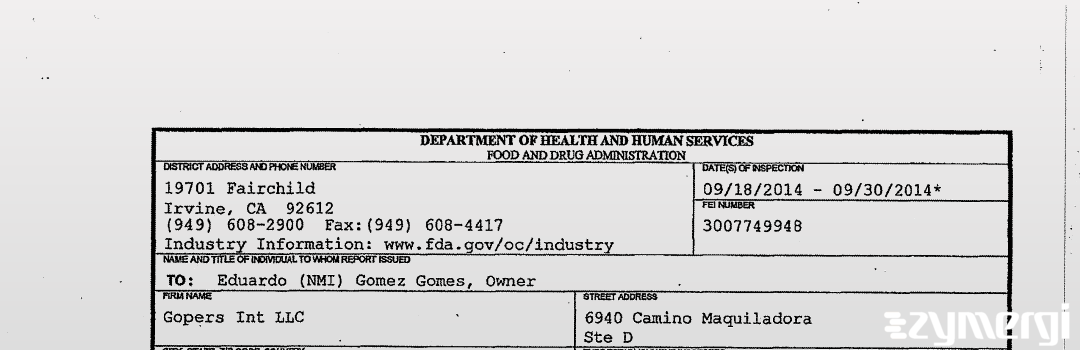 FDANews 483 Gopers Int LLC Sep 30 2014 top