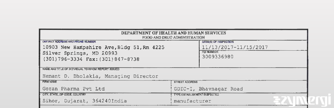 FDANews 483 Goran Pharma Pvt Ltd Nov 15 2017 top