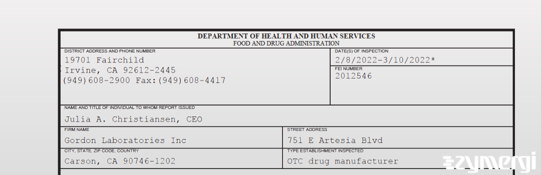 FDANews 483 Gordon Laboratories Inc Mar 10 2022 top