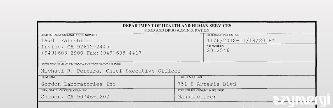 FDANews 483 Gordon Laboratories Inc Nov 19 2018 top