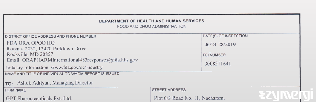 FDANews 483 GPT Pharmaceuticals Private Ltd Jun 28 2019 top