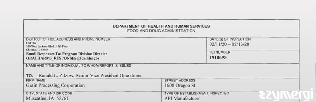 FDANews 483 Grain Processing Corporation Feb 13 2020 top