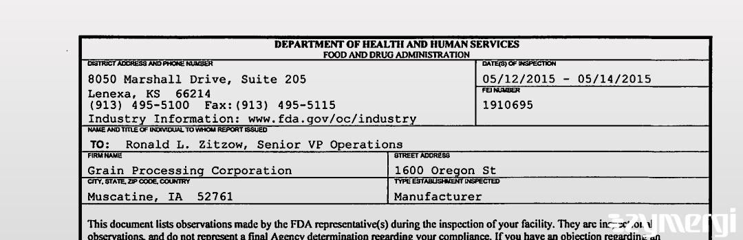 FDANews 483 Grain Processing Corporation May 14 2015 top