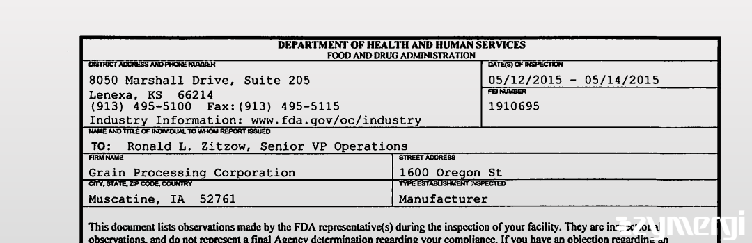 FDANews 483 Grain Processing Corporation May 14 2015 top