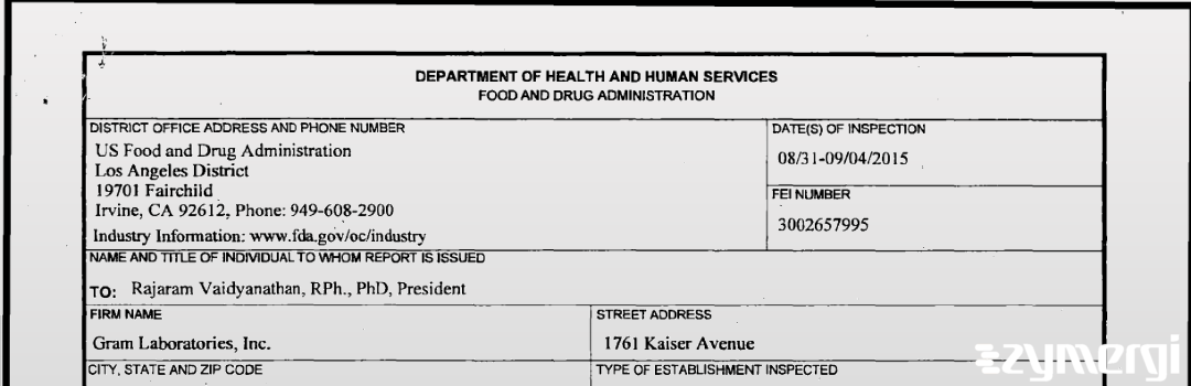 FDANews 483 Gram Laboratories Inc Sep 4 2015 top