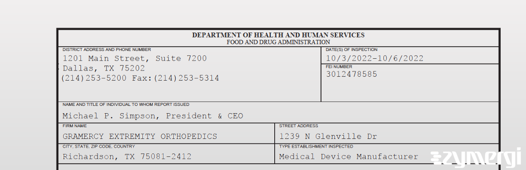 FDANews 483 GRAMERCY EXTREMITY ORTHOPEDICS Oct 6 2022 top