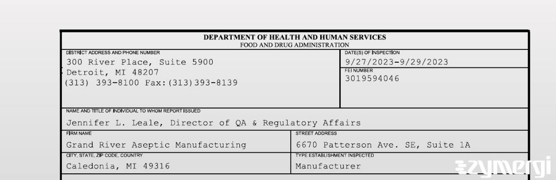 FDANews 483 Grand River Aseptic Manufacturing Sep 29 2023 top