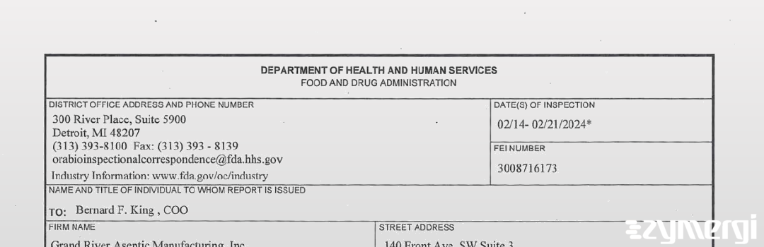 FDANews 483 Grand River Aseptic Manufacturing, Inc. Feb 21 2024 top