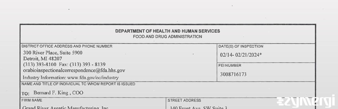 FDANews 483 Grand River Aseptic Manufacturing, Inc. Feb 21 2024 top