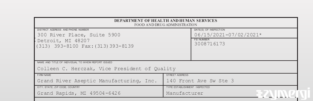 FDANews 483 Grand River Aseptic Manufacturing, Inc. Jul 2 2021 top