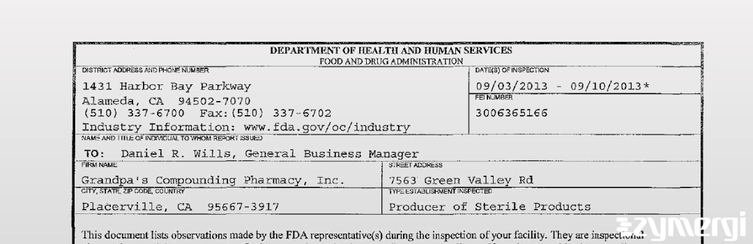 FDANews 483 Grandpa's Compounding Pharmacy Sep 10 2013 top