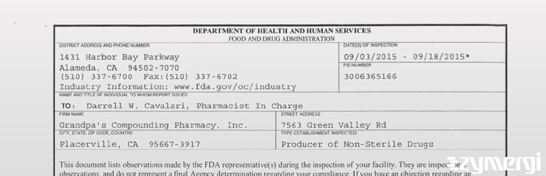 FDANews 483 Grandpa's Compounding Pharmacy, Inc. Sep 18 2015 top