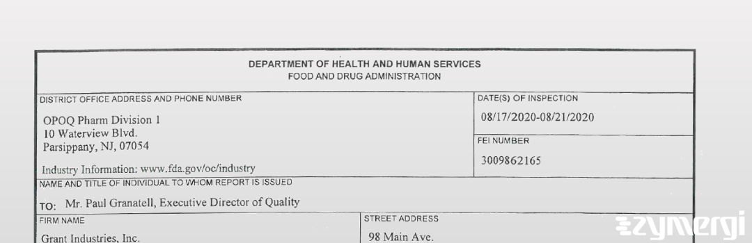 FDANews 483 Grant Industries,  Inc. Aug 21 2020 top