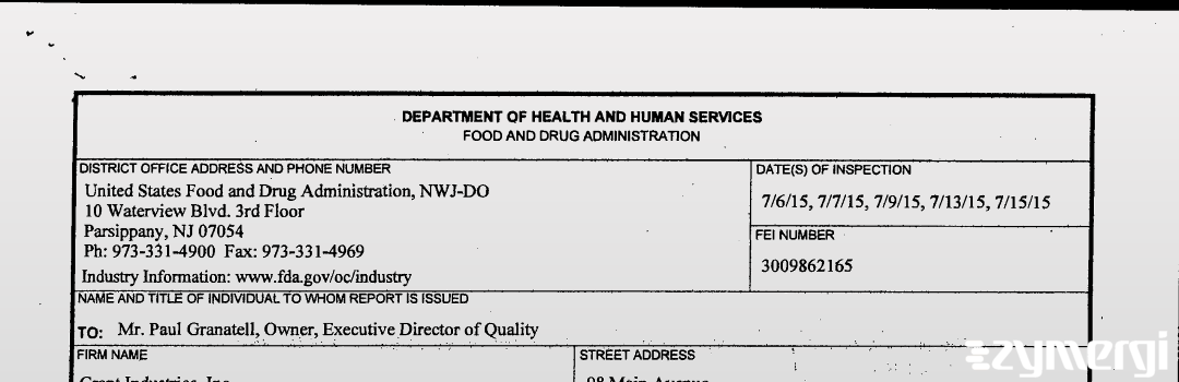 FDANews 483 Grant Industries,  Inc. Jul 15 2015 top