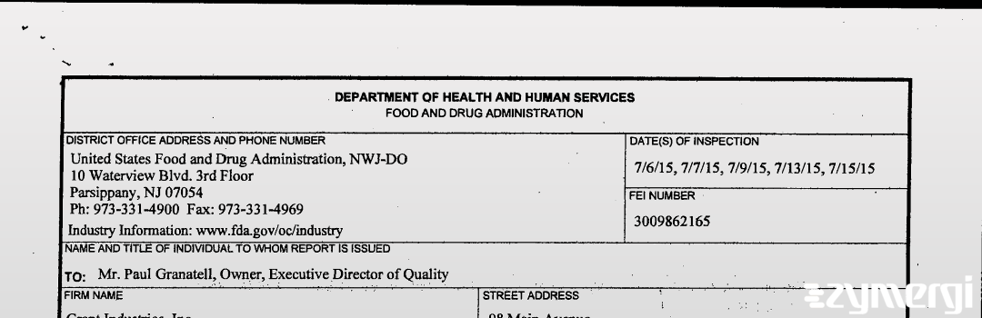FDANews 483 Grant Industries, Inc. Jul 15 2015 top