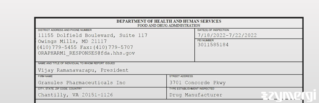 FDANews 483 Granules Pharmaceuticals Inc. Jul 22 2022 top