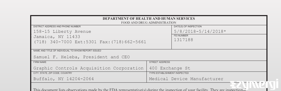 FDANews 483 Graphic Controls Acquisition Corporation May 14 2018 top