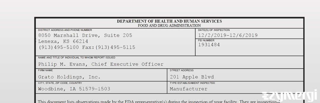 FDANews 483 Grato Holdings, Inc. Dec 6 2019 top