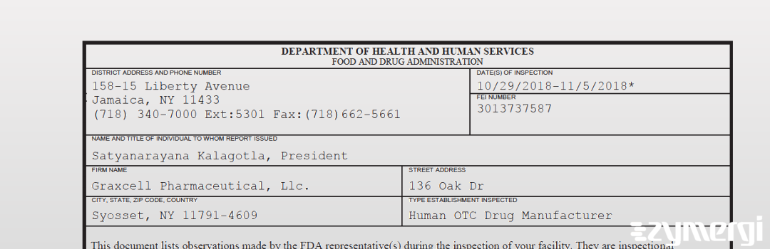 FDANews 483 Graxcell Pharmaceutical Llc Nov 5 2018 top