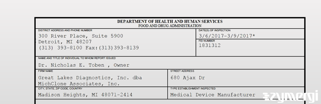 FDANews 483 Great Lakes Diagnostics, Inc. dba MichClone Associates, Inc. Mar 9 2017 top