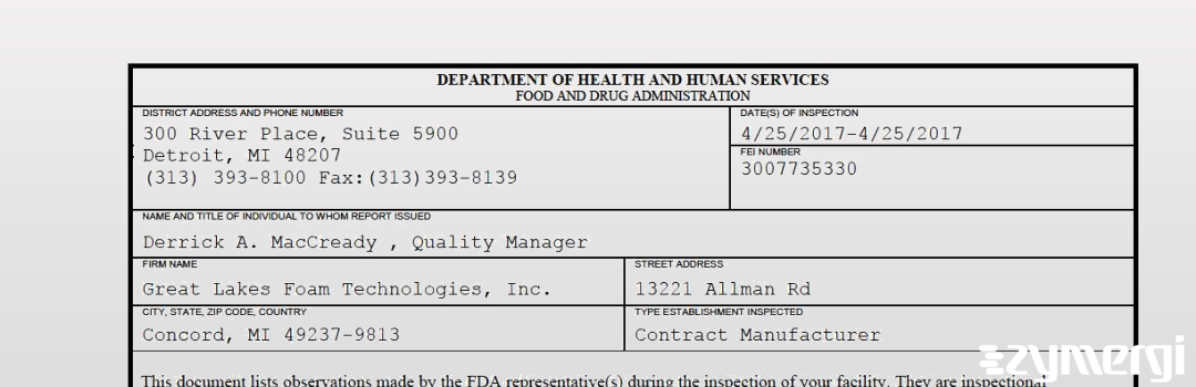 FDANews 483 Great Lakes Foam Technologies, Inc. Apr 25 2017 top