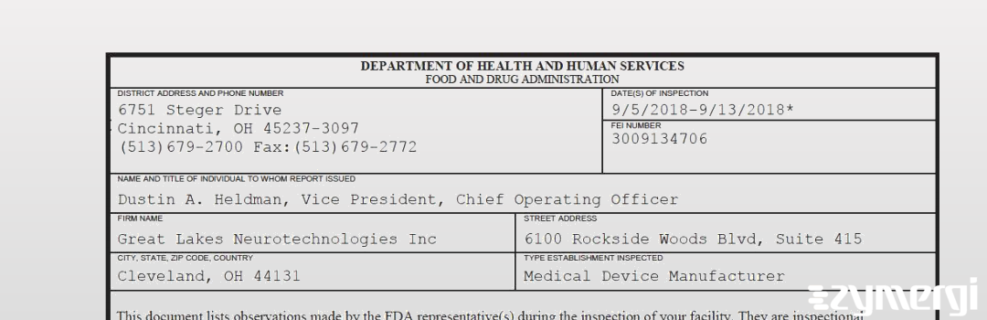 FDANews 483 Great Lakes Neurotechnologies Inc Sep 13 2018 top