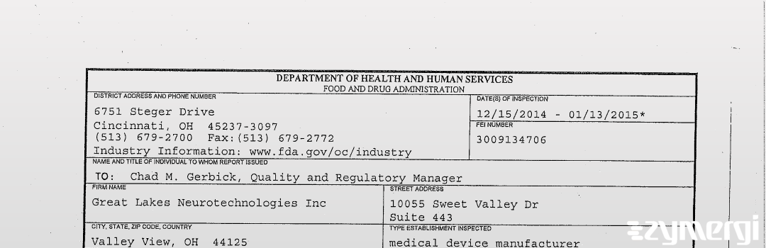 FDANews 483 Great Lakes Neurotechnologies Inc Jan 13 2015 top