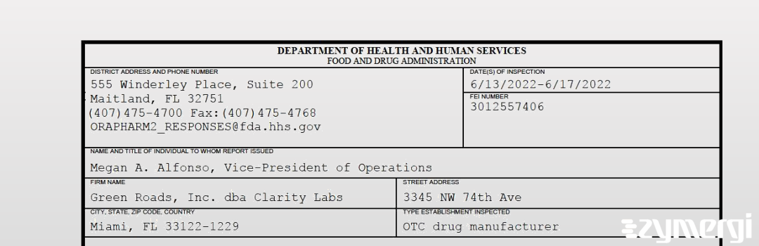 FDANews 483 Green Roads, Inc. dba Clarity Labs Jun 17 2022 top