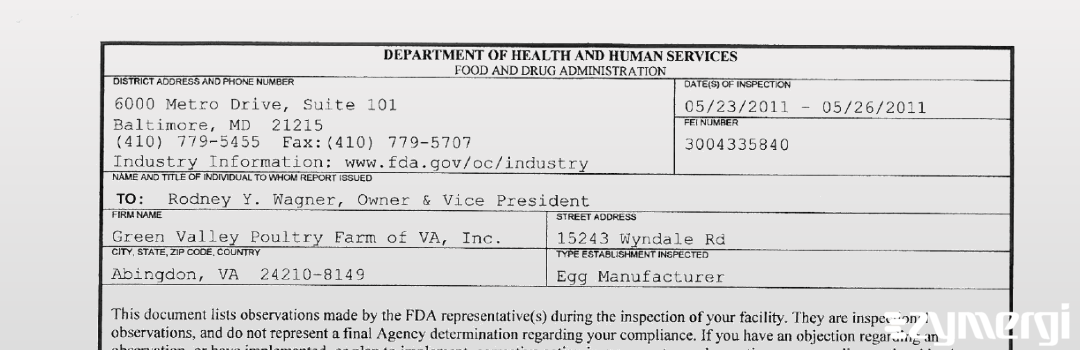 FDANews 483 Green Valley Poultry Farm May 26 2011 top