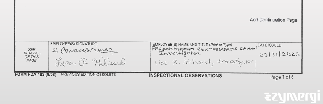 Lisa R. Hilliard FDA Investigator Paranthaman SenthamaraiKannan FDA Investigator 