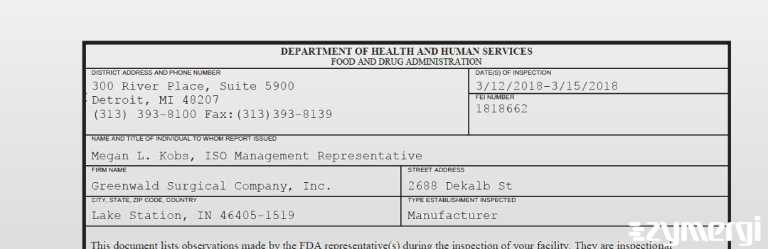 FDANews 483 Greenwald Surgical Company, Inc. Mar 15 2018 top