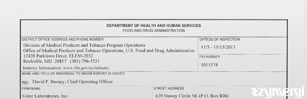 FDANews 483 Greer Laboratories, Inc. Nov 15 2013 top