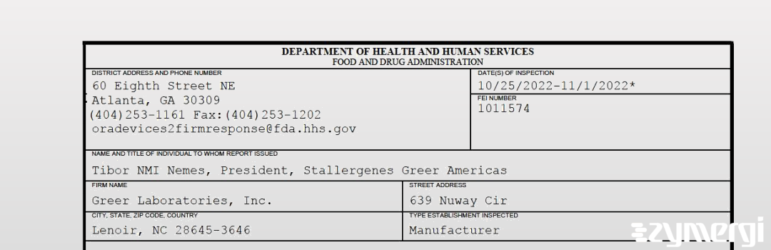 FDANews 483 Greer Laboratories, Inc. Nov 1 2022 top