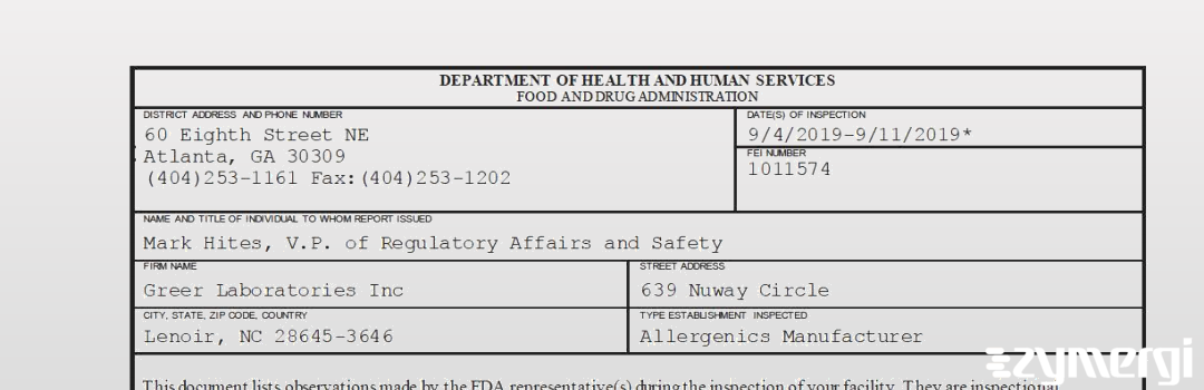 FDANews 483 Greer Laboratories, Inc. Sep 11 2019 top