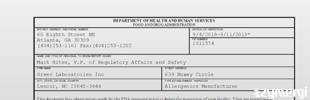 FDANews 483 Greer Laboratories, Inc. Sep 11 2019 top