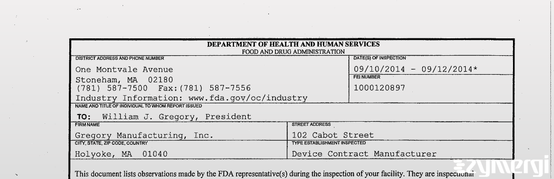 FDANews 483 Gregory Manufacturing, Inc. Sep 12 2014 top