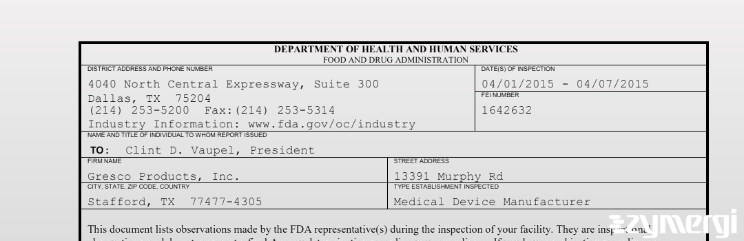 FDANews 483 Gresco Products, Inc. Apr 7 2015 top