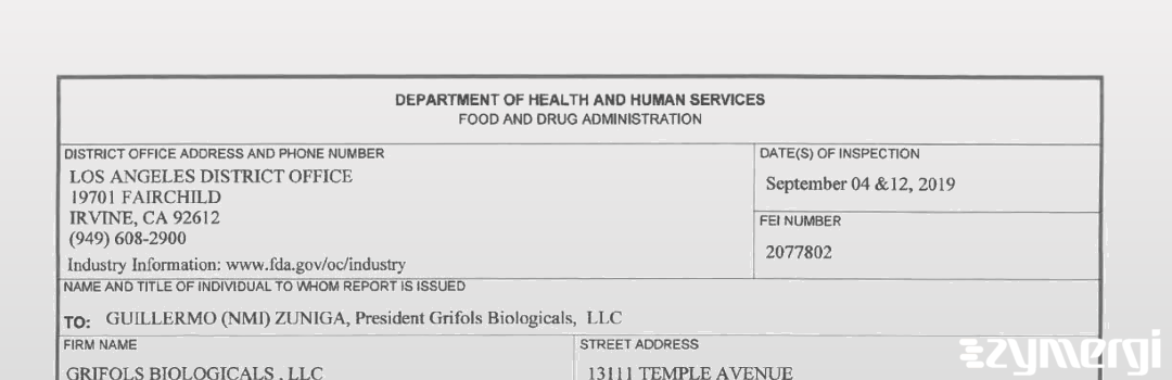 FDANews 483 Grifols Biologicals Inc. Sep 12 2019 top