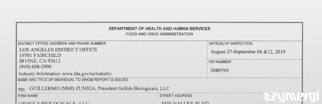 FDANews 483 Grifols Biologicals Inc. Sep 12 2019 top